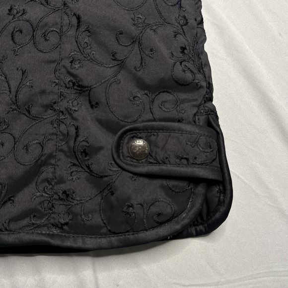 Eddie Bauer Puffer Vest Womens Small Black Goose Down Floral Embroidered Zip - Picture 7 of 7